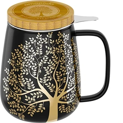 Abbildung von amapodo Teetasse mit Deckel und Sieb 600ml Porzellan Tee Tasse groß Jumbotasse XXL Tea Cup Set Dunkelgrau plastikfrei