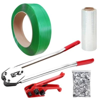 Abbildung von Manuelle Umreifungsset Kunststoffband Umreifungsgerät, 250m Verpackungsbänder, 200 Verschlusshülsen und 1 Rollen Stretchfolie, Kunststoffverpackungen Umreifungsgerät Kit für PP/PET Umreifung