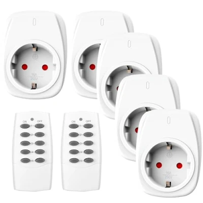 Abbildung von HBN 5X Funksteckdosen mit 2 Fernbedienungen, 16A/3.680W Ferngesteuerte Stecker Set für Innen Weihnachtsdeko, Haushaltsgeräte, Reichweite 30m, Weiß