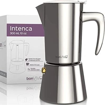 Abbildung von bonVIVO Espressokocher Induktion geeignet Edelstahl Kaffeekocher in Chrom Optik m. Wasserkessel u. Sieb Mokkakanne 6 Tassen 300 ml Weihnachtsgeschenke für den Haushalt