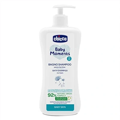 Abbildung von Chicco Baby Moments Badeshampoo ohne Tränen für empfindliche Haut und dünnes Haar von Neugeborenen, reizt die Augen, 0+ Monate 500 ml