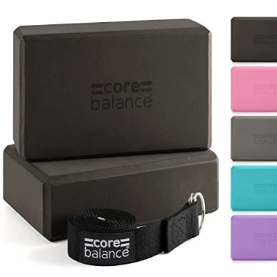 Abbildung von Core Balance Yoga Blocks im Doppelpack &amp; GRATIS Gurt, 2 STK. Eva Schaumstoff Blöcke, robust leicht, Riemen aus Baumwolle mit innovativem D Ring Verschluss, ideal für Pilates, 5 versch. Farben