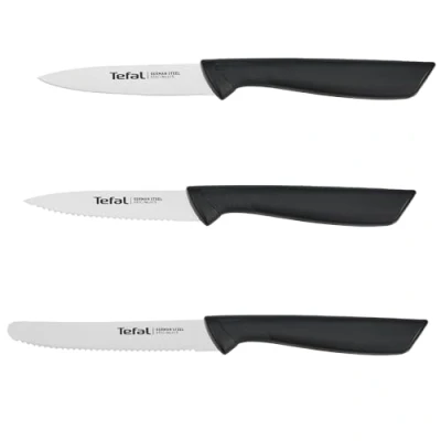 Abbildung von Tefal K2733S Colorfood Messerset 3 teilig Universalmesser (10 cm)/Schälmesser (8 cm) gezahnt, Schälmesser glatt deutscher Edelstahl korrosionsbeständig ergonomisch sicher Schwarz