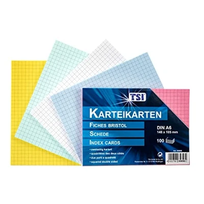 Abbildung von TSI Karteikarten A6 farbig sortiert, 100er Packung, kariert, Größe: DIN (148 x 105 mm), Art. Nr. 65856