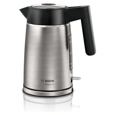 Abbildung von Bosch kabelloser Wasserkocher DesignLine TWK5P480, Ausgießen ohne Spritzer, Tassenanzeige, extra große Wasserstandsanzeige, Überhitzungsschutz, 1,7 L, 2400 W, Edelstahl