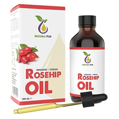 Abbildung von Hagebuttenöl BIO 120ml (Wildrosenöl) 100% kaltgepresst, vegan, in Glasflasche Hagebuttenkernöl für Gesicht, Körper, Haare, Haut, Hände, Kopfhaut
