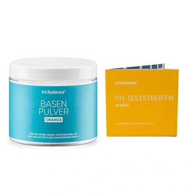 Abbildung von tri.balance Basenpulver Orange 300 g 1er Pack inkl. 55 pH Teststreifen E Book Entsäuerungskur I Pro Vorteilspaket für den Säure Basen Haushalt