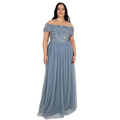 Abbildung von Maya Deluxe Damen Abendkleid Brautjungfernkleid Bardot Paillettenverzierung Elegant Für Hochzeit Tüllkleid Bridesmaid Dress, Dusty Blue, 48 EU