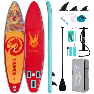 Abbildung von FEATH R LITE Aufblasbare Stand Up Paddle Boards Multifunktionale Paddleboard Mit Handpumpe, Sup Rucksack, Leine, Einstellbares Paddel, Für Erwachsene, Aller Fertigkeitsstufen (Drache Orange)