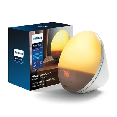 Abbildung von Philips Wake up Light, farbige Sonnenaufgangssimulation, 20 Lichtstärken, 7 natürliche Klänge, Mitternachtslicht (Modell HF3531/01)