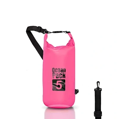 Abbildung von Dry Bag wasserdichte Tasche Meer 5L 10L 20L mit verstellbarem Schultergurt, Waterproof trockener Beutel/Sack, Kayaking Boots Ausflug Kanu/Fischen/Rafting/Snowboarding (Rosa, 5l)