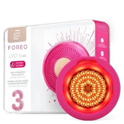 Abbildung von FOREO UFO 3 LED 4 in 1 Gesichtsmasken Hautpflegegerät Feuchtigkeitscreme Vollspektrum Tiefenwirksames NIR und Rotlichttherapie Thermotherapie T Sonic Massage App verbundene Hautpflege