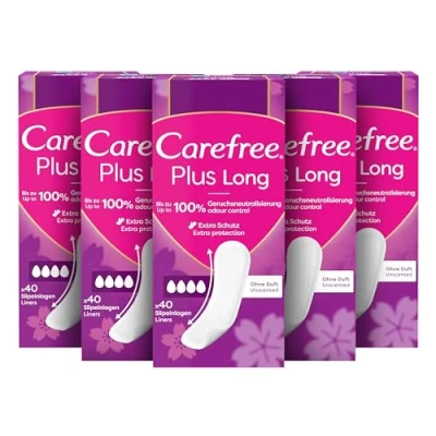Abbildung von CAREFREE Slipeinlagen Plus Long Parfümiert (5 x 40 Stück), super saugstark, um Flüssigkeiten sofort einzuschließen, Größe