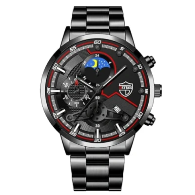Abbildung von JewelryWe Herrenuhr Leuchtend Uhr Herren: Analog Quarz Armbanduhr Männer Schwarz Metallarmband Geschäft Lässige mit Leuchtzeiger und großem Mond Stern Zifferblatt