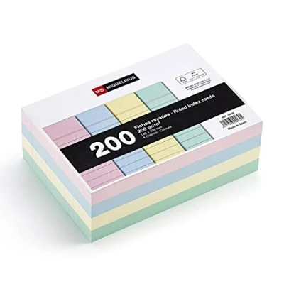 Abbildung von Miquelrius Karteikarten, Lernkarten, 200 Notizkarten, horizontal liniert, A6 Format, 105 x 148 mm, g/m² Offset Kartenpapier, Pastellfarben