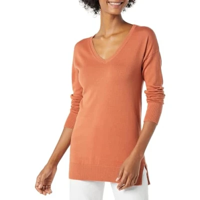Abbildung von Amazon Essentials Damen Leichter Tunika Pullover Mit Langen Ärmeln Und V Ausschnitt (Erhältlich In Übergröße), Karamell, XL