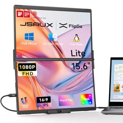 Abbildung von JSAUX FlipGo Lite 15,6&quot; IPS Dual Tragbarer Monitor, 1080P FHD, integrierter HUB, Magnetisches Design, Einzelkabel für Dreifach Monitor Setup Ideal Reisen &amp; Geschäft
