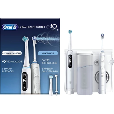 Abbildung von Oral B Health Center Munddusche mit Oxyjet Technologie für Zahnreinigung, 2 Ersatzdüsen &amp; iO Series 6 Elektrische Zahnbürste/Electric Toothbrush, Aufsteckbürsten, 5 Modi Zahnpflege, weiß