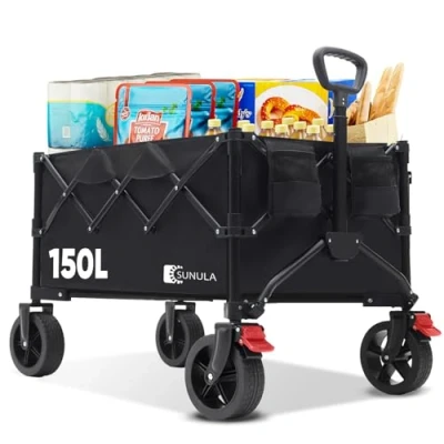 Abbildung von SUNULA Bollerwagen Faltbar Tragkraft 120KG, Klappbarer Handwagen mit EIN klick Handgriff &amp; 4 seitig zusammenfaltbar, Geländegängig Räder Bremsen 150L, Schwarz