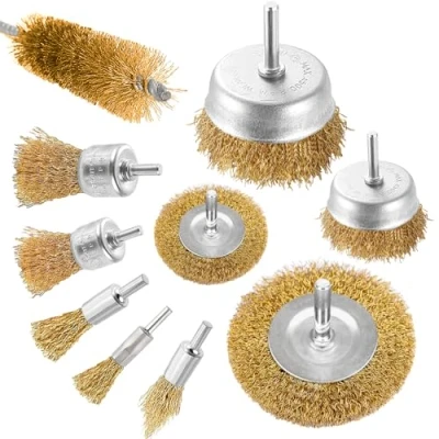 Abbildung von Aongray 10 teilige Bohrdrahtbürste, Messingbeschichtete Drahtbürsten, Topfbürste und Rohrbürsten Set zum Reinigen von Rost, Entfernen Farbe Holz (Gold)