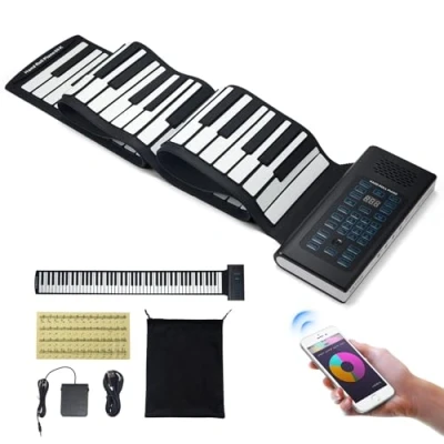 Abbildung von VEVOR Roll Up Keyboard Piano mit 88 Tasten, 128 Rhythmen, Töne, tragbares elektrisches digitales Handrollpiano wiederaufladbarem Akku, 2 W Lautsprecher, LED Anzeige, 5 Anschlüsse, MIDI