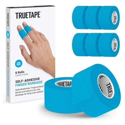 Abbildung von TRUETAPE Fingerpflaster 8x Rollen selbsthaftende Pflaster für die Finger (2,5cm x 4,5m) Tape Verband selbstklebend I Schmutzabweisendes Pflasterband schmale Haftbandage (Blau)