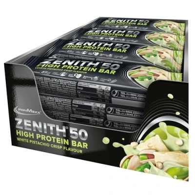 Abbildung von IronMaxx Zenith 50 High Protein Bar White Pistachio Crisp 16 x Riegel 45g mit 50% Eiweiß pro Riegel, Low Sugar Snack, cremiger Umhüllung
