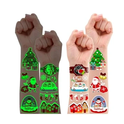 Abbildung von Leesgel Weihnachts Tattoo , 12 Blatt Leuchtende Temporäre Weihnachten Kindertattoo für Weihnachtsdekorationen Weihnachtsdeko Weihnachtsgeschenke Kinder Nikolaus Geschenke