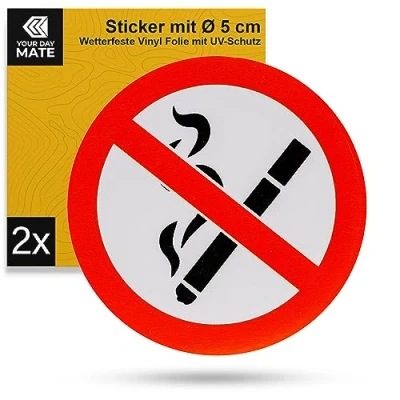 Abbildung von Aufkleber für Rauchen verboten, 2 Stück, Ø 5 cm Durchmesser, selbstklebende Folie, außenklebend, No Smoking Sticker, Verbotsschild Zigaretten, Verbotszeichen nicht erlaubt, Zigarettenverbot