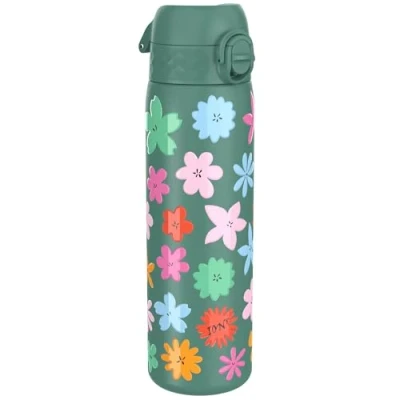 Abbildung von Ion8 Stahl Trinkflasche, 600 ml, Auslaufsicher, Einhandöffnung, Sichere Verriegelung, Spülmaschinenfest, Klappdeckel, Tragegriff, Leicht zu Reinigen, Langlebig, Grüne Blumen Design