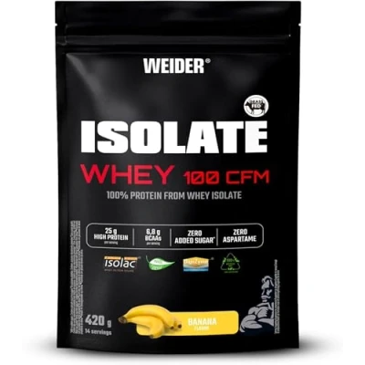 Abbildung von Weider Isolate Whey 100CFM (420g) Bananengeschmack, 25g Protein 100% Isolat von Isolac® /Portion, mit Verdauungsenzymen Digezyme®, ohne Zuckerzusatz, Aspartam, fettarm, 14 Portionen