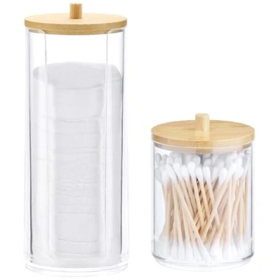 Abbildung von Navaris 2x Aufbewahrung für Wattestäbchen stapelbar Badezimmer Organizer Behälter Wattepads Bad Spender Halter Box 2 Stück im Set Bambus Kunststoff