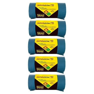 Abbildung von Idena 50056 5 Abfallsäcke Set, Rollen mit jeweils 10 Stück, blau, 120 Liter, 40µ extra stark und reißfest, praktischem Zugband, Zugbandsäcke
