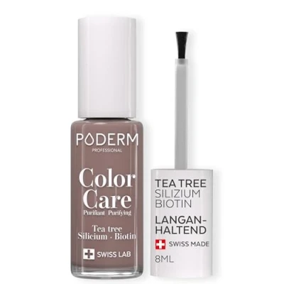 Abbildung von PODERM TEEBAUM NAGELLACK COLOR CARE Taupe verbessert das Aussehen für die gelbe oder brüchige Nägel 2 in 1 PFLEGE Hergestellt der Schweiz