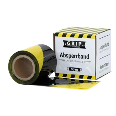 Abbildung von GRIP Eventbasics Absperrband reißfest, gelb schwarz, 50 m x 70 mm, PE im Abrollkarton, Flatterband nicht klebend