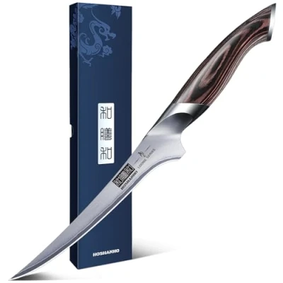 Abbildung von HOSHANHO Filetiermesser 18cm Küchenmesser, Profi Fischmesser und Ausbeinmesser, Fischfiletmesser Ultrascharfer mit Ergonomischem Pakkaholz Griff