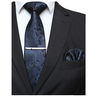 Abbildung von JEMYGINS Dunkelblau krawatte Paisley Seide Herren Krawatten und Einstecktuch mit krawattenklammer Sets (1)