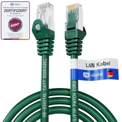 Abbildung von HB DIGITAL 5m LAN Kabel CAT 7 Rohkabel RJ45 S/FTP Netzwerkkabel Ethernet Patchkabel bis zu 10 Gbps 600 MHz Kupfer Profi PiMF für Patchpanel Switch Router Modem Grün