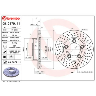 Abbildung von BREMBO 09.C879.11 Bremsscheibe 298 24 5 gelocht/innenbel. beschichtet hochgekohlt mit Schrauben PORSCHE: Boxster