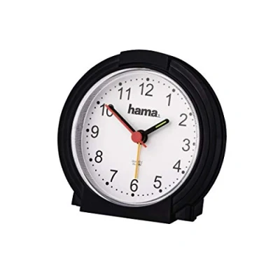 Abbildung von Hama analoger Wecker ohne Ticken (batteriebetriebene Uhr mit Alarmfunktion, Licht, fluoreszierender Stunden und Minutenzeiger, einstellbare Alarmzeit, 12,5 x 6,5 17 cm) schwarz, Rund