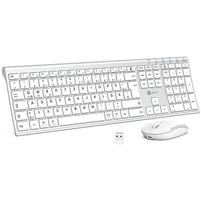 Abbildung von iClever kabellose Tastatur und Maus Set, 2.4G Maus, USB C wiederaufladbar, Originalgröße, schlanke, dünne widerstandsfähige für Windows 7/8/10, Mac OS
