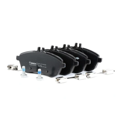 Abbildung von BOSCH 0 986 494 593 Bremsbelagsatz Low Metallic mit Anti Quietsch Blech, Schrauben Feder, Zubehör MERCEDES BENZ: E Class Saloon kfzteile,