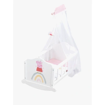 Abbildung von roba Puppenwiege Peppa Pig aus Holz inkl. Zubehör Puppenbett mit Kissen, Decke &amp; Himmel Motiv der Zeichentrick Serie Puppenmöbel Weiß / Rosa lackiert