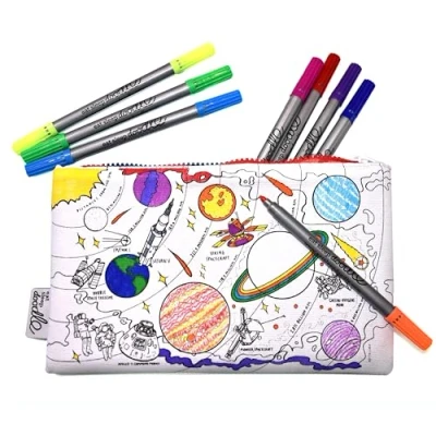 Abbildung von eatsleepdoodle Weltraumforscher Federmäppchen zum Ausmalen, waschbar und wiederverwendbar, inkl. 10 auswaschbare Stifte, 22x14cm
