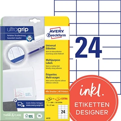 Abbildung von AVERY Zweckform 6173 Adressaufkleber (600 plus 120 Klebeetiketten extra, 70x37mm auf A4, Papier matt, bedruckbare Absenderetiketten, selbstklebende Adressetiketten mit ultragrip) 30 Blatt, weiß