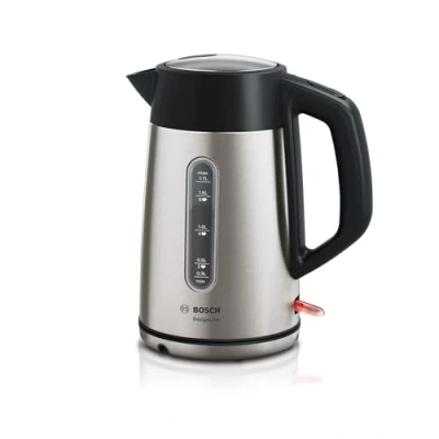 Abbildung von Bosch kabelloser Wasserkocher DesignLine TWK4P440, Ausgießen ohne Spritzer, Tassenanzeige, Wasserstandsanzeige, Überhitzungsschutz, 1,7 L, 2400 W, Edelstahl/schwarz