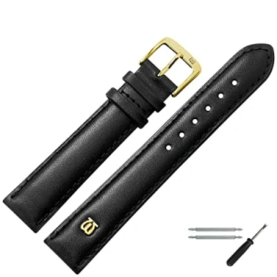 Abbildung von MARBURGER Uhrenarmband 20mm Leder Schwarz Gold Glatt Mit Naht Montage Set 1002010000220