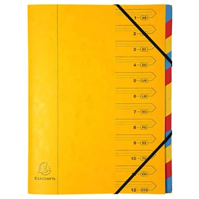 Abbildung von Exacompta 54129E Premium Ordnungsmappe geheftet. Aus extra starkem Colorspan Karton DIN A4 12 vollfarbige bunte Fächer und 2 Gummizüge mit Organisationsdruck Ringmappe Register Mappe gelb