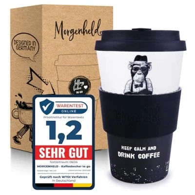 Abbildung von Morgenheld Kaffeebecher to go, Porzellan Coffee go Becher mit Deckel 380ml, Monkey