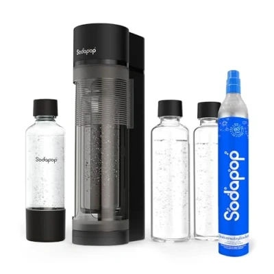 Abbildung von Sodapop Wassersprudler Logan Starterset mit CO₂ Zylinder, inkl. 2 Glasflaschen (850 &amp; 600 ml) und 1 PET Flasche ml), Matt Schwarz, Höhe 42,6 cm
